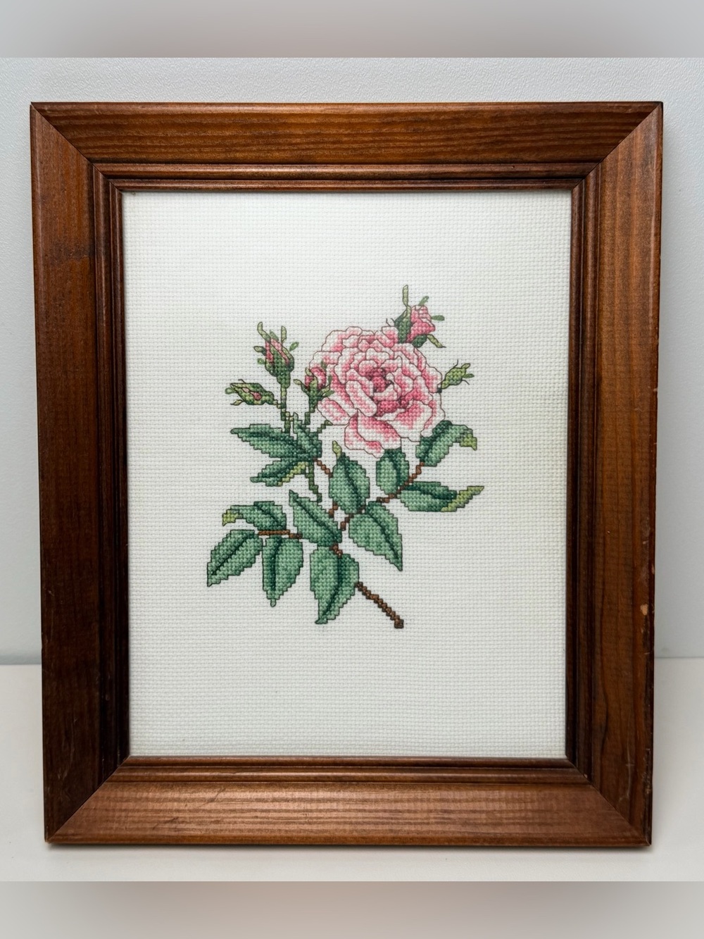 Vintage Cross Stitched Pink Rose Botanical Framed Wood  Handmade Wall Decor